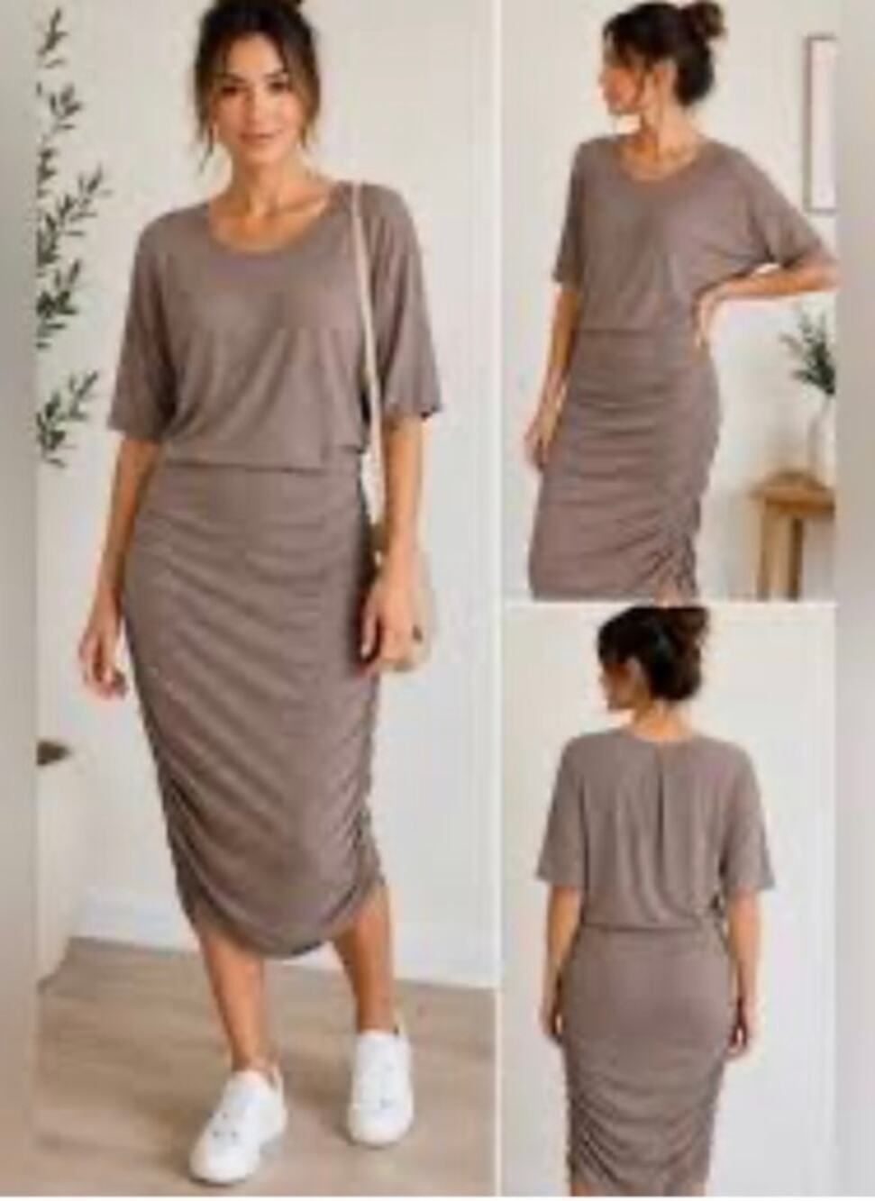Athleta Solstice Tee Dress Frosted Mocha Heather Ruched Wool Modal Brown XS